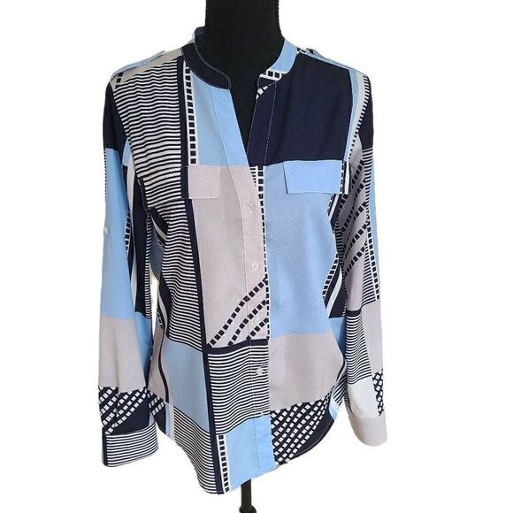 Calvin Klein Womens Button Front Blue Print Blouse Size Small - Picture 1 of 12